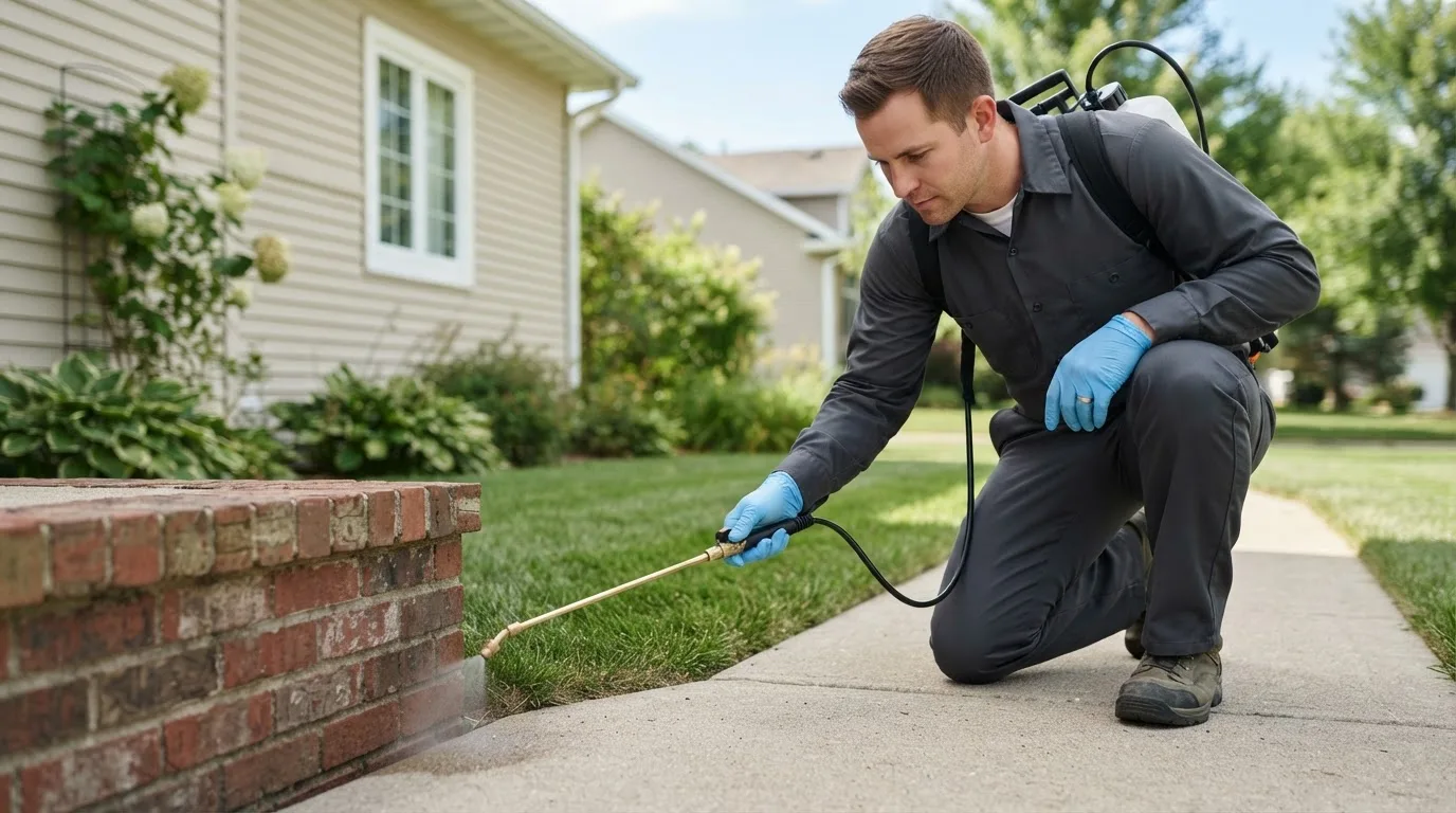 Pest control technician treating a home near Hallowell, ME